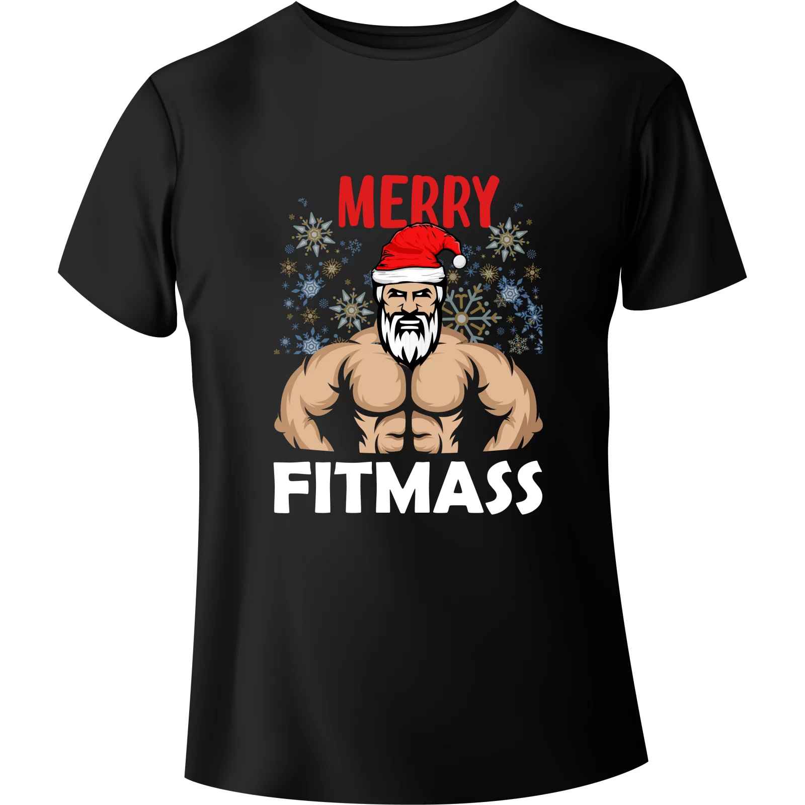 T-shirt Christmas Santa Claus in gym "MERRY FITMASS" - BanByte.com