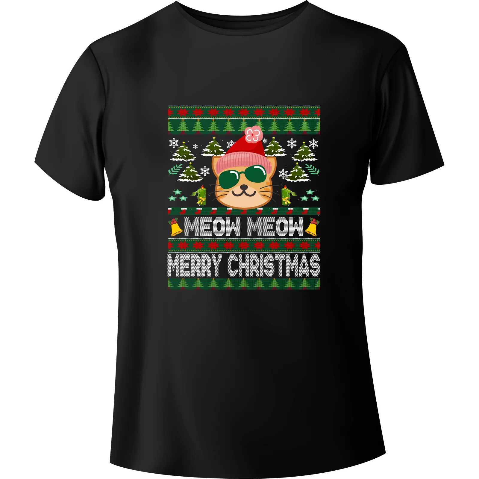 T-shirt Christmas Cat "MEOW MEOW MERRY CHRISTMAS" - BanByte.com