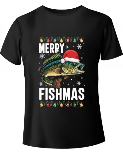 T-shirt Świąteczny dla wędkarza z rybą "Merry Fishmas" - BanByte.com