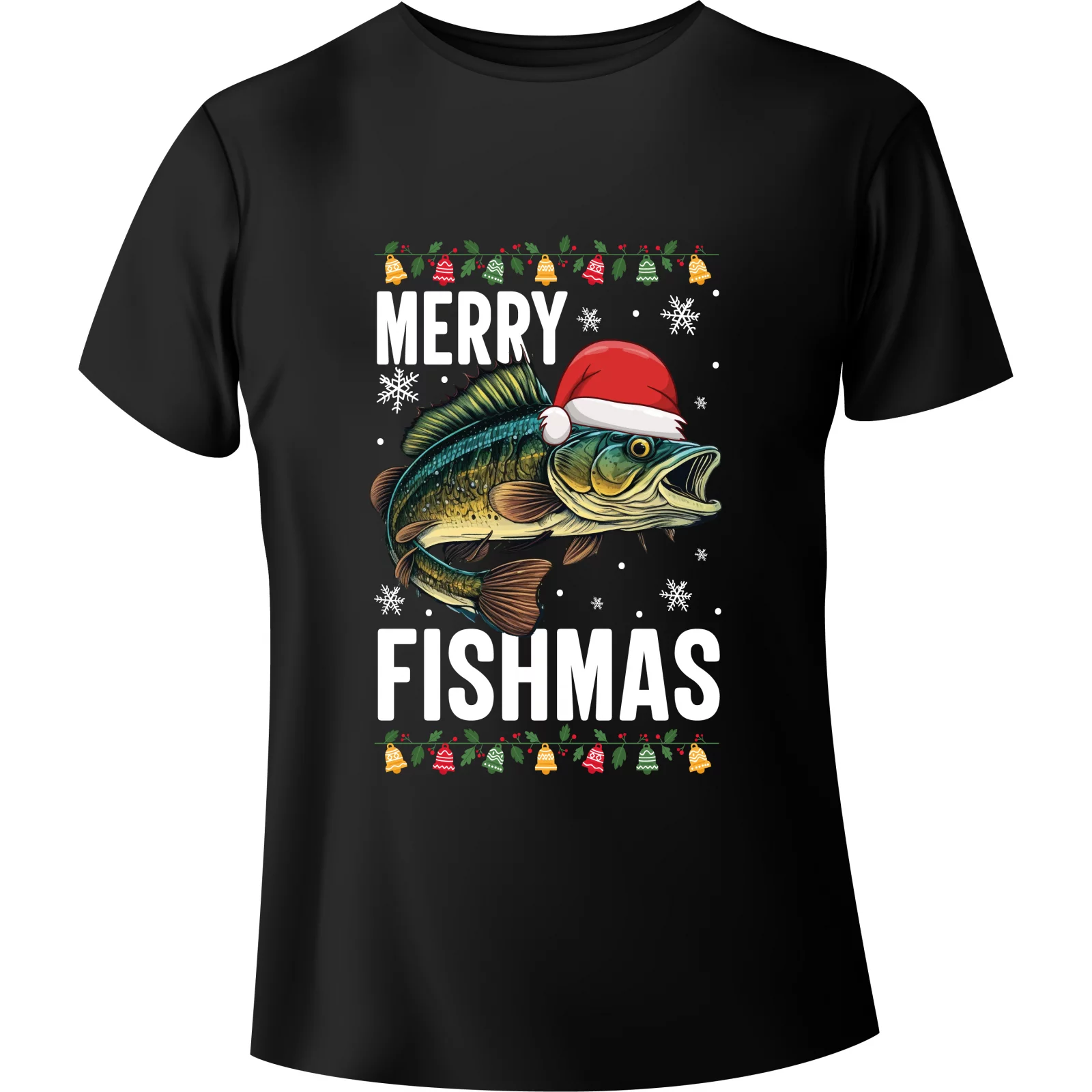 T-shirt Świąteczny dla wędkarza z rybą "Merry Fishmas" - BanByte.com